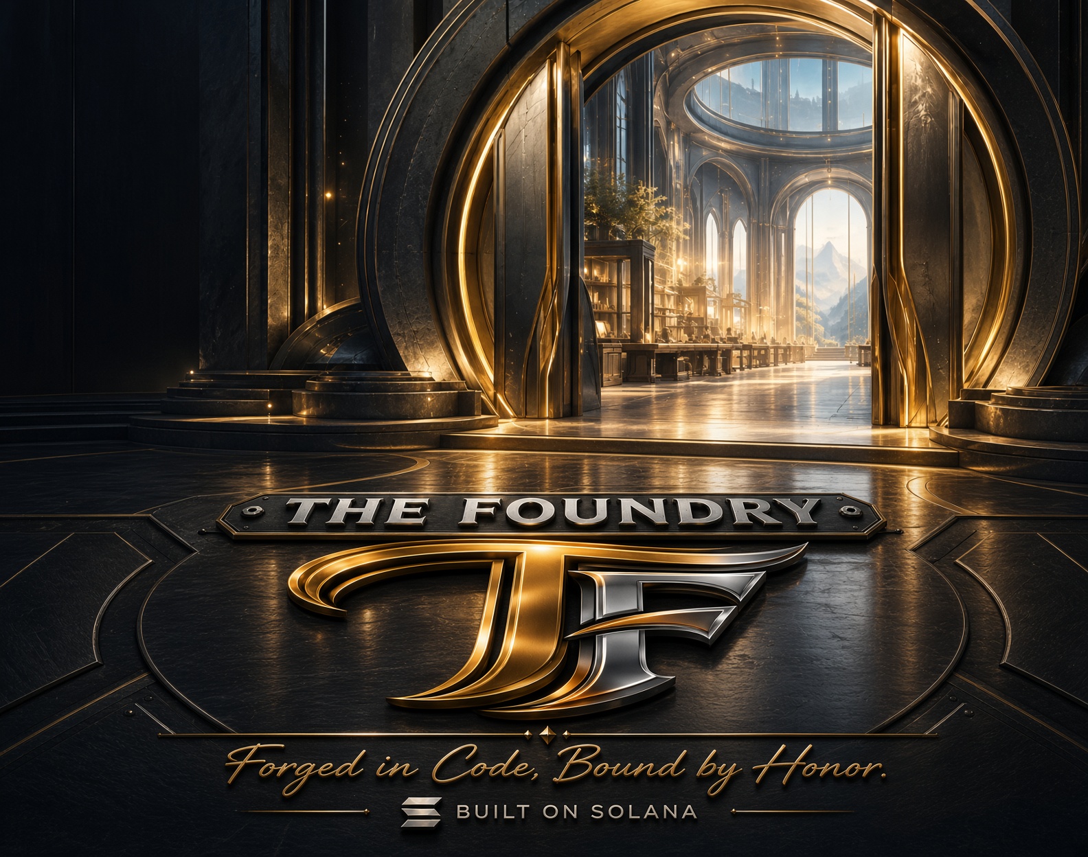 The Foundry gold and steel gateway with the TF crest and the words Forged in Code, Bound by Honor. Built on Solana.